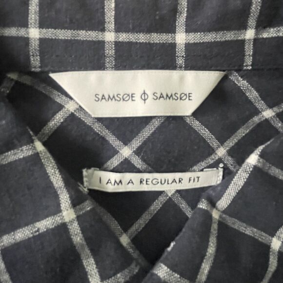 NWT Samsoe Samsoe Liam Button Down Shirt Mens Large Navy Plaid LS Linen Blend - Picture 4 of 10